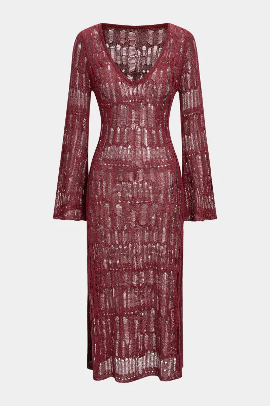 Knit V-Neck Hollow Out Long Sleeve Dress sold by Micas