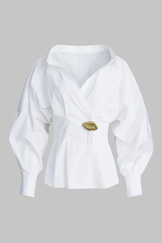Asymmetrical Ruched Button Decor Long-Sleeve Shirt sold by Micas