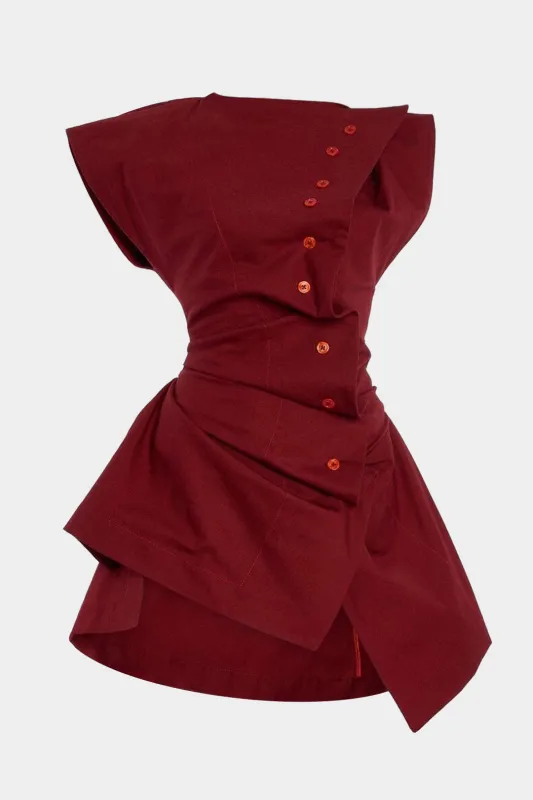 Ruched Button Tie-Back Asymmetrical Flutter Short-Sleeve Shirt sold by Micas
