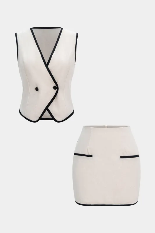 Linen Contrast Vest And Fake Pockets Skirt Set sold by Micas
