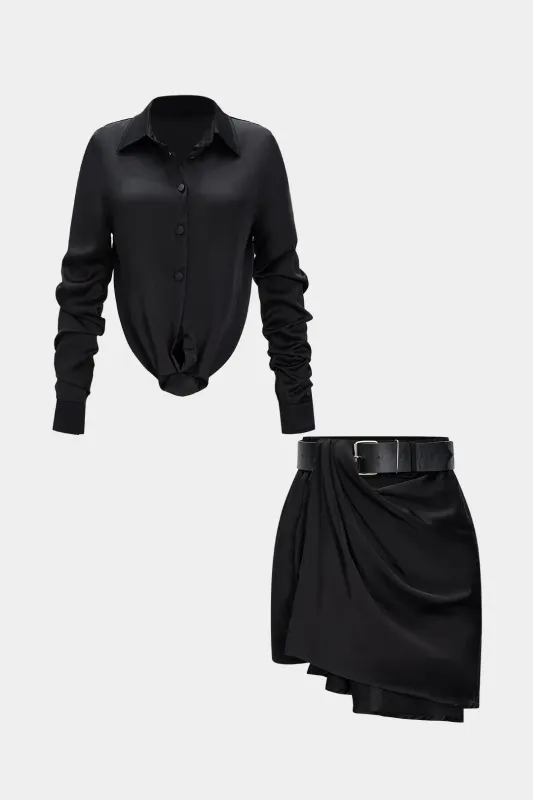 Ruched Button Cut Out Long-Sleeve Shirt And Asymmetrical Belted Shorts Set sold by Micas