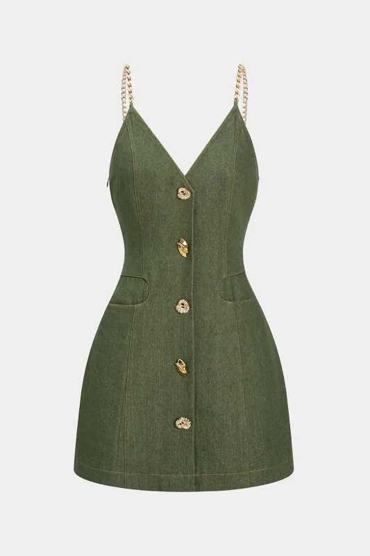 Denim V-Neck Metallic Slip Button Sleeveless Mini Dress sold by Micas