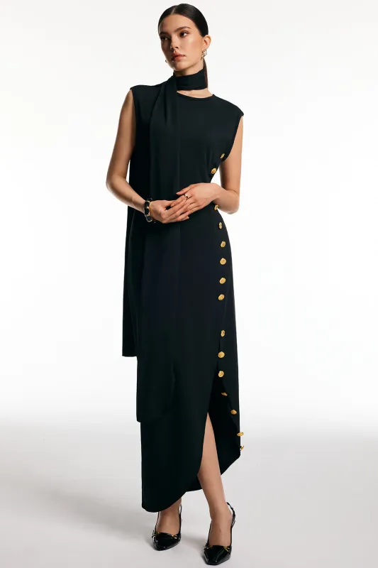 Metallic Buckle Dceor Sleeveless Midi Dress With Scarf sold by Micas