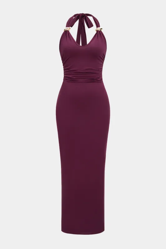 Metallic Decor Ruched Tie-Back Backless Sleeveless Maxi Dress sold by Micas