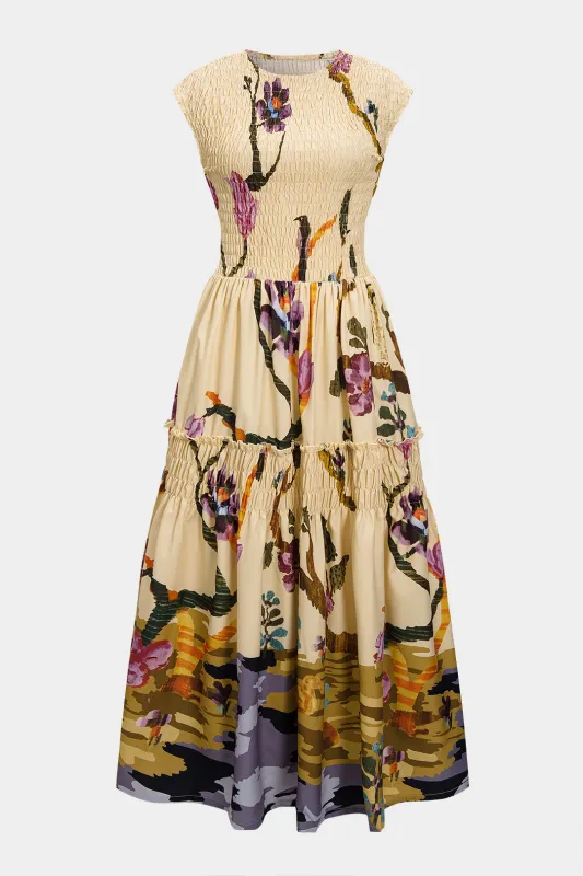 Retro Floral Print Shirred Sleeveless Maxi Dress sold by Micas