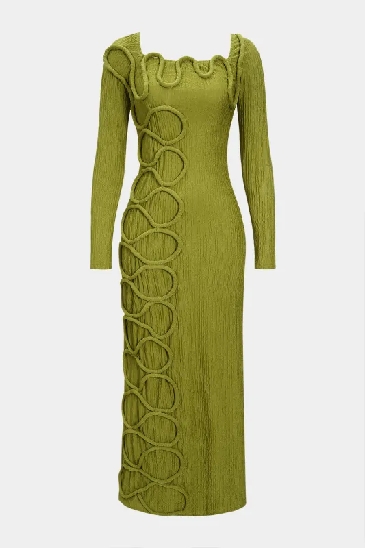 Zipper Square Neck Twist Knot Decor Long Sleeve Maxi Dress sold by Micas