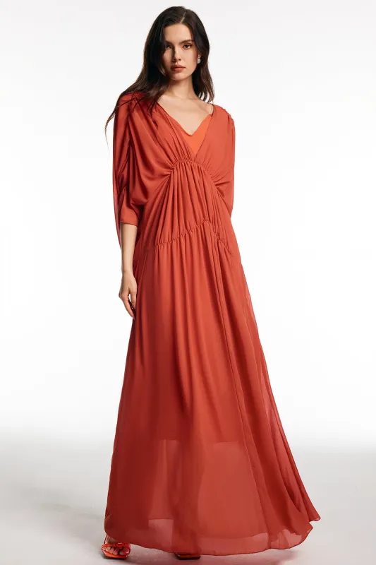 Chiffon V-Neck Pleated Short Sleeve Maxi Dress sold by Micas