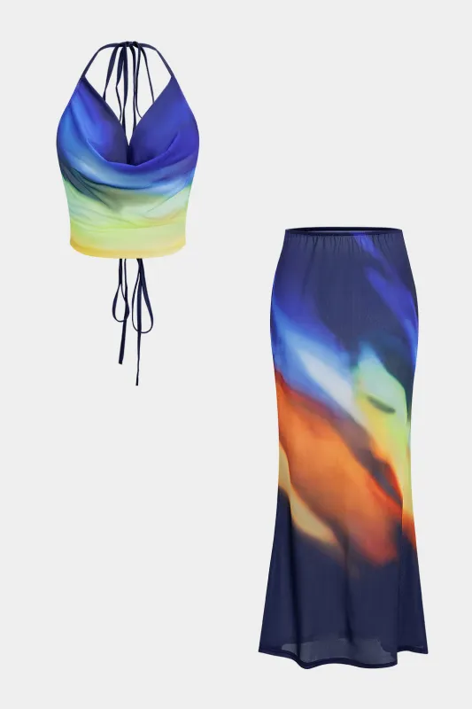 Ombre Print Halter Neck Tie-Up Backless Cami Top And Skirt Set sold by Micas