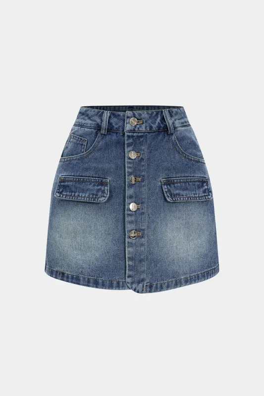 Denim Button High Waist Skirt sold by Micas