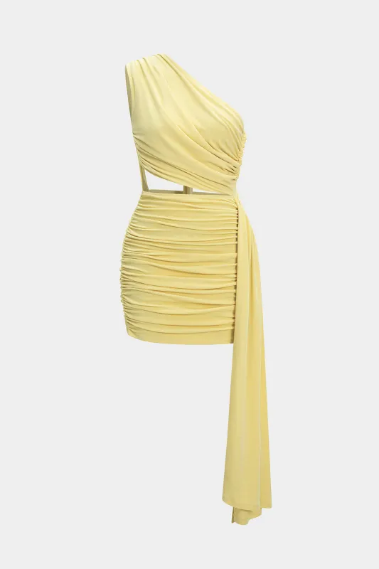 Mesh Ruched One Shoulder Tie-Up Cut Out Sleeveless Mini Dress sold by Micas