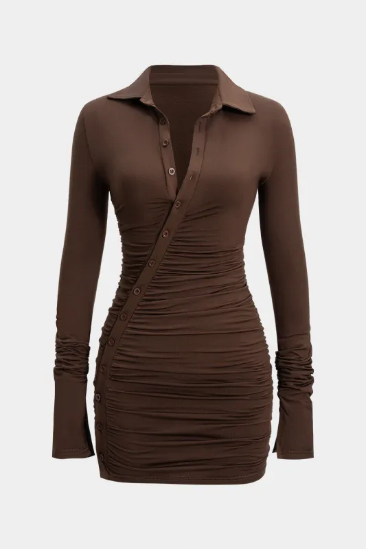 Asymmetrical Button Ruched Long-Sleeve Mini Dress sold by Micas