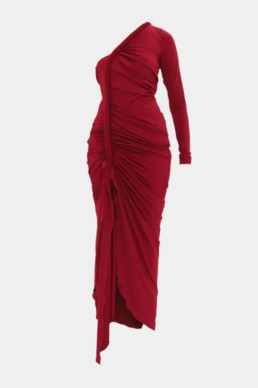 One Shoulder Twist Knot Ruched Long Sleeve Maxi Dress sold by Micas