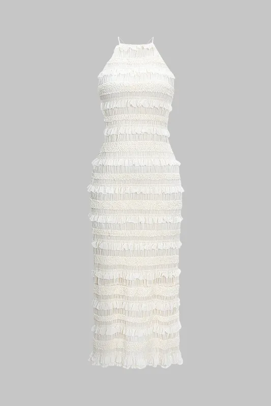 Chiffon Halter Neck Ribbed Ruffle Backless Tie-Up Sleeveless Maxi Dress sold by Micas