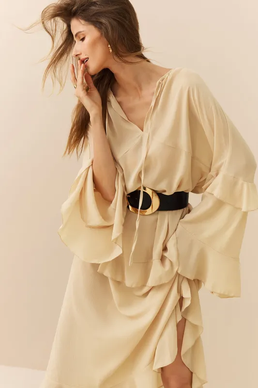 Chiffon Ruffle Bell Sleeve V-Neck Maxi Dress sold by Micas