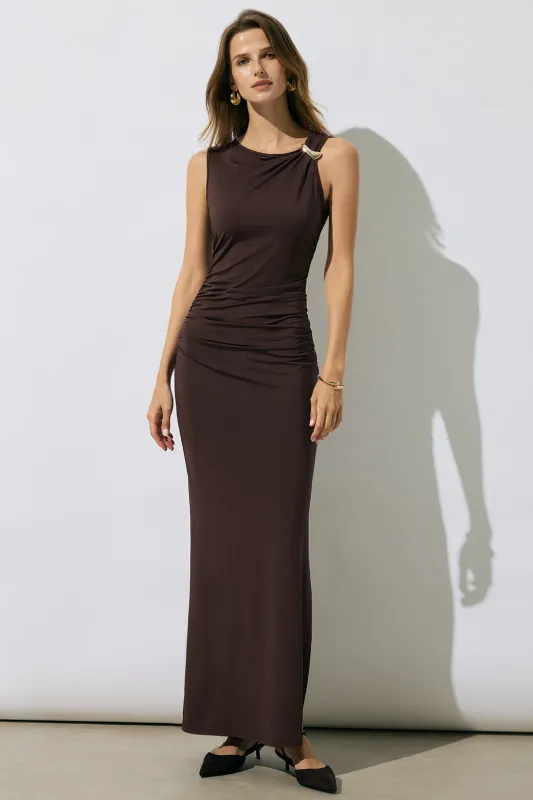 Metallic Decor Asymmetrical Ruched Sleeveless Maxi Dress sold by Micas
