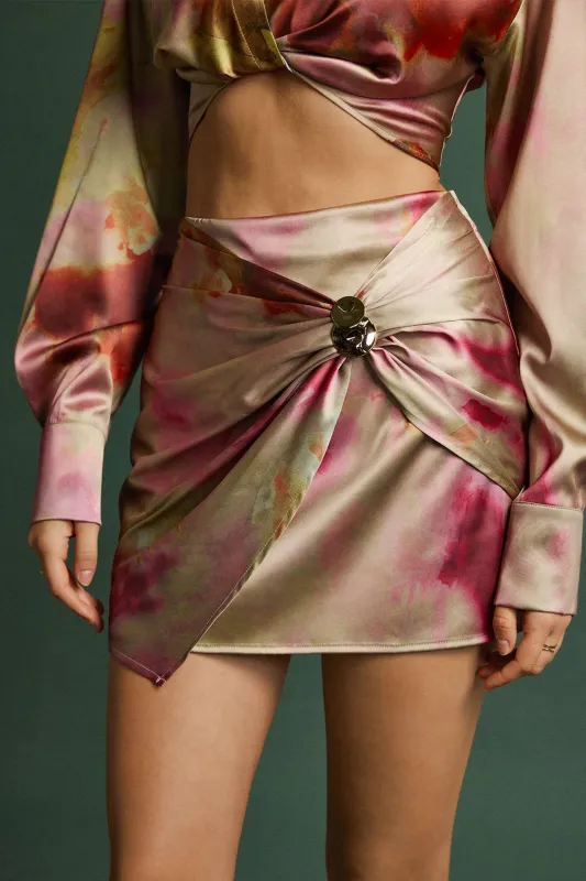 Abstract Print Chiffon Twist Knot Metallic Decor Zipper Asymmetrical Skirt sold by Micas