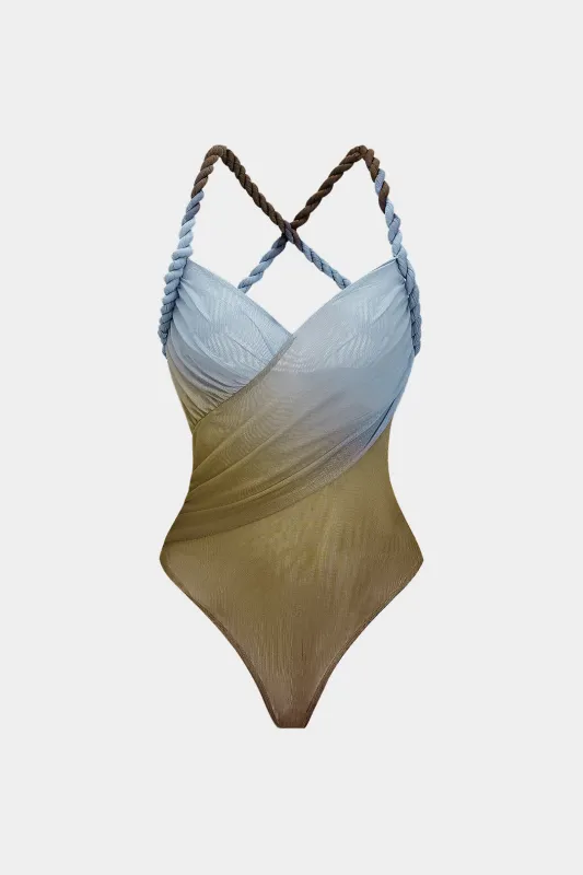 Ombre Print Mesh Backless Twist Knot Sleeveless Bodysuit sold by Micas