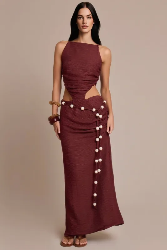 Cut Out Pearls Ruched Sleeveless Maxi Dress sold by Micas