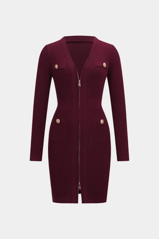 Knit Metallic Button V-Neck Zipper Long Sleeve Dress sold by Micas