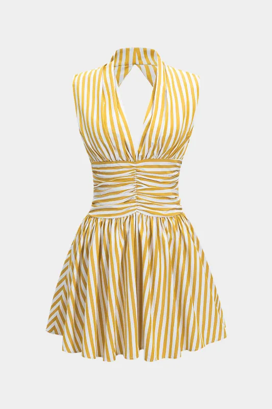 Stripes Print Halter Neck Shirred Backless Sleeveless Mini Dress sold by Micas