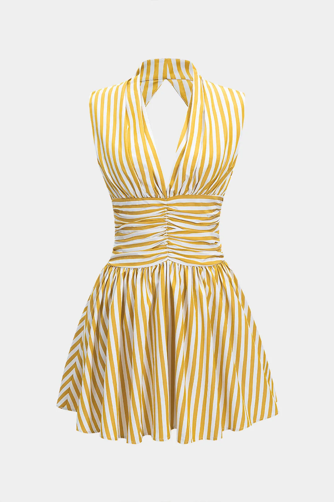 Stripes Print Halter Neck Shirred Backless Sleeveless Mini Dress sold by Micas