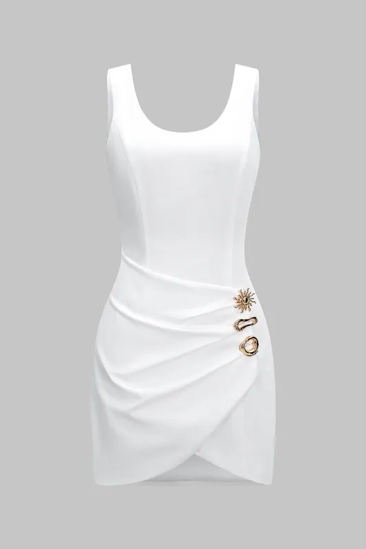 Asymmetrical Metallic Button Ruched Sleeveless Mini Dress sold by Micas