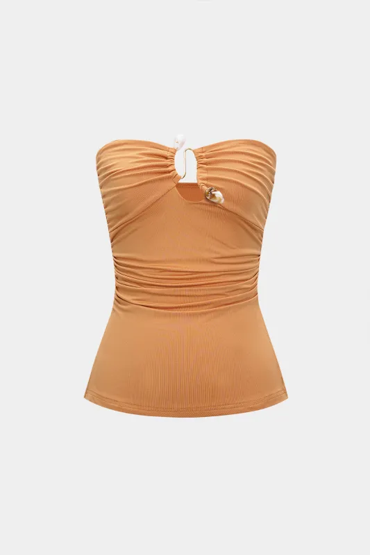 Metallic Kontted Ruched Strapless Tube Top sold by Micas