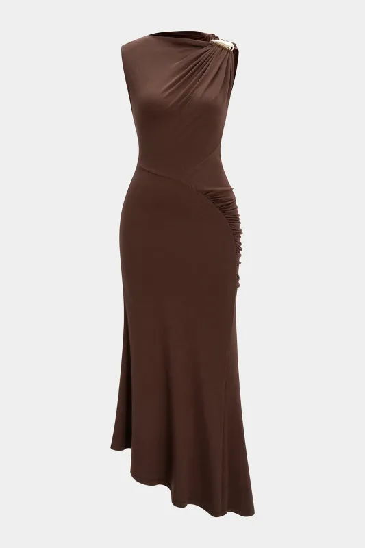 Asymmetrical Metallic Ruched Ruffle Hem Sleeveless Maxi Dress sold by Micas
