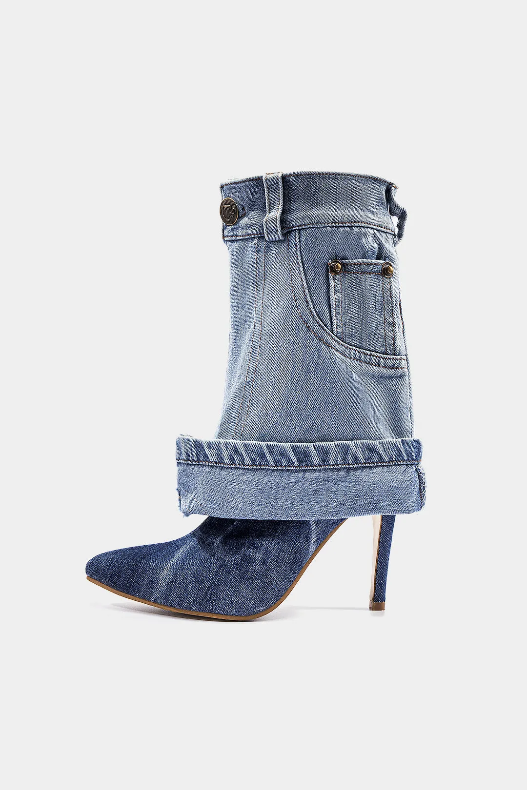 Washed Denim Wrinkled Patchwork Pointed Mid Calf Boots sold by Micas product image thumbnail 2