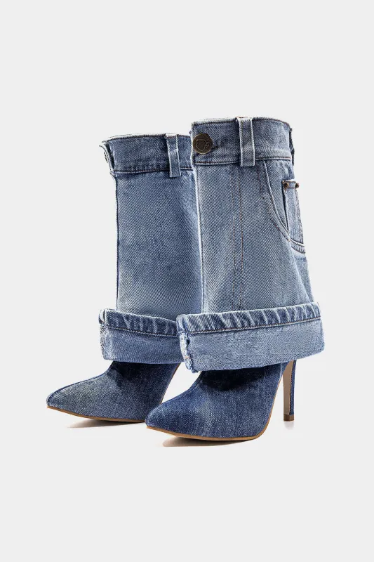 Washed Denim Wrinkled Patchwork Pointed Mid Calf Boots sold by Micas