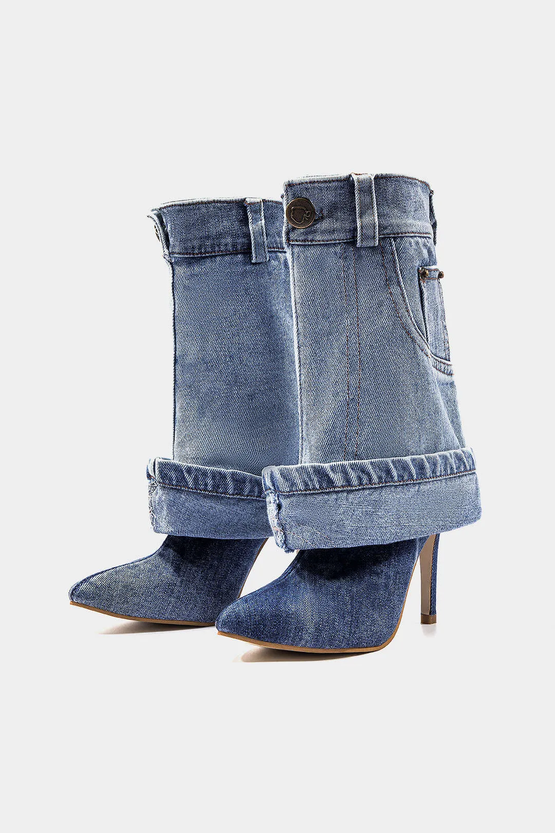 Washed Denim Wrinkled Patchwork Pointed Mid Calf Boots sold by Micas