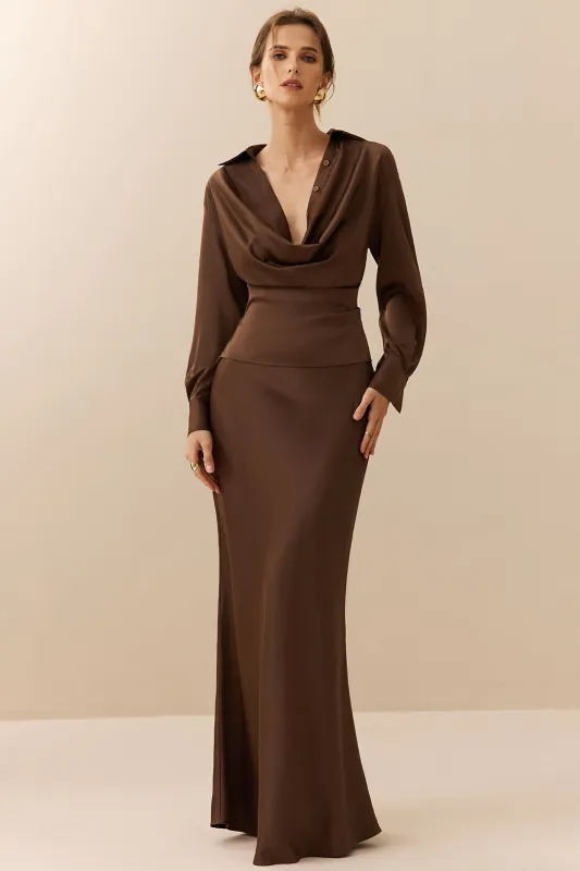 Satin Button Cowl Neck Long-Sleeve Shirt And Ruched Skirt Set sold by Micas