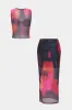 Colorblock Mesh Twist Knot Tank Top And Skirt Set sold by Micas