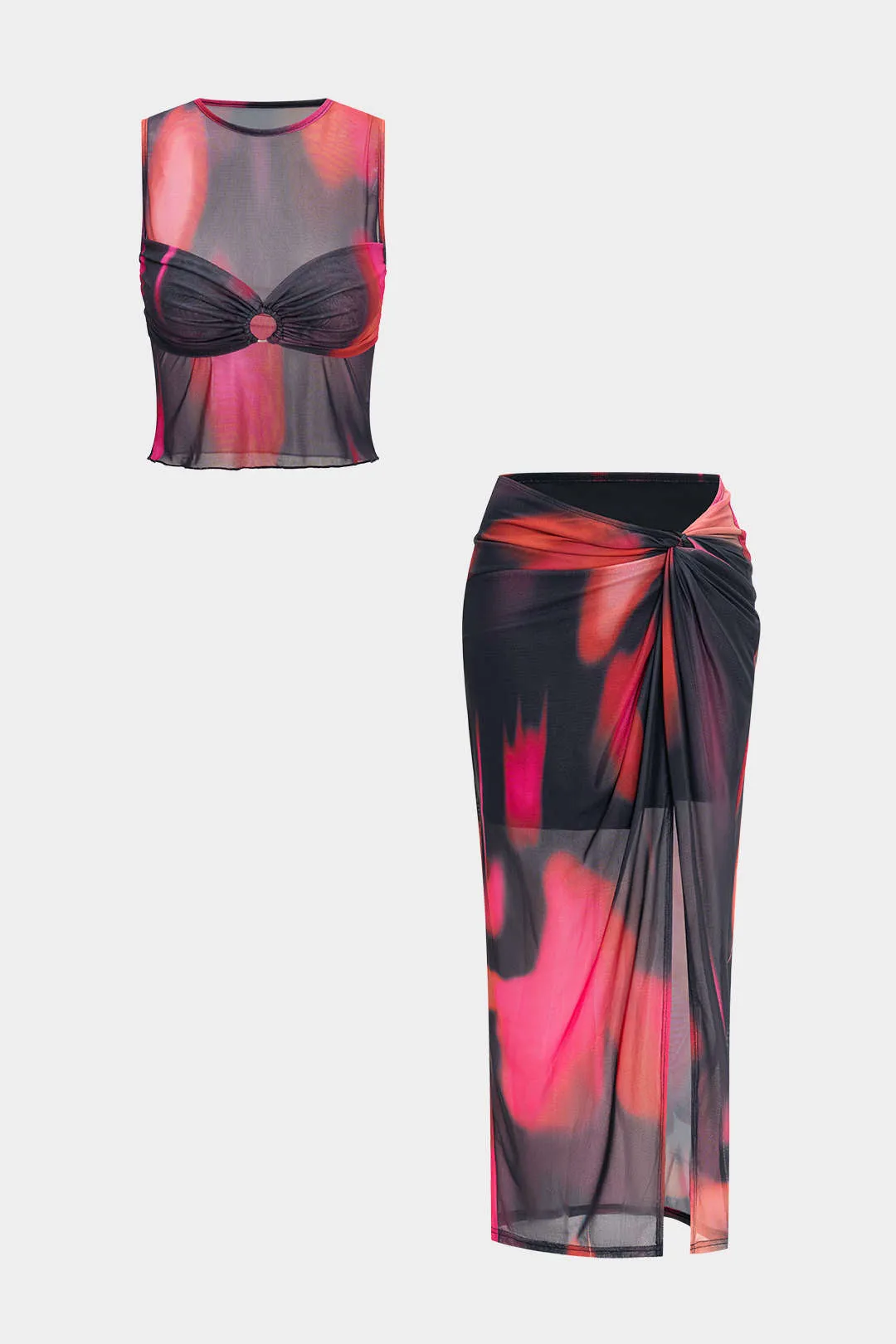 Colorblock Mesh Twist Knot Tank Top And Skirt Set sold by Micas