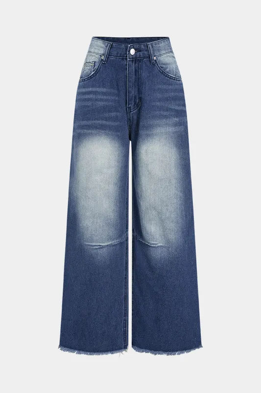 Denim Washed Frayed Wide Leg Jeans sold by Micas