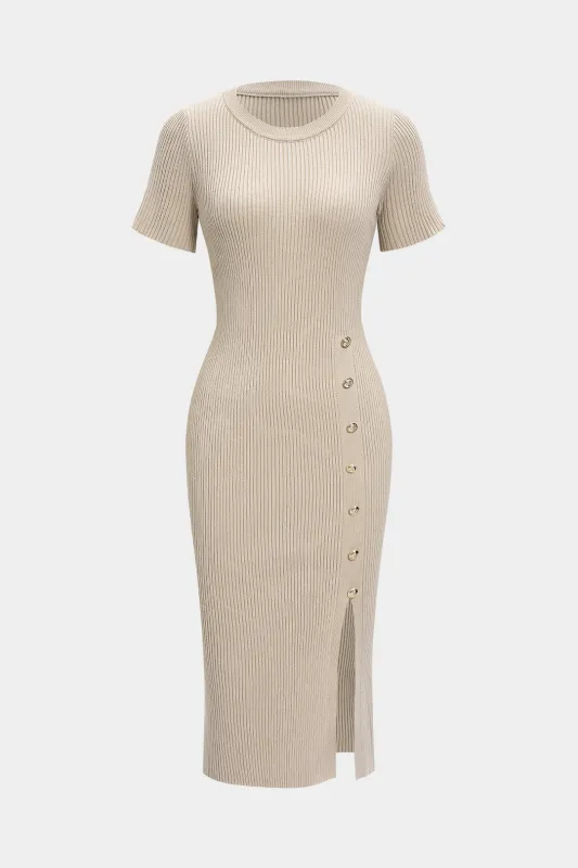 Knit Asymmetrical Button Waist Short Sleeve Dress sold by Micas