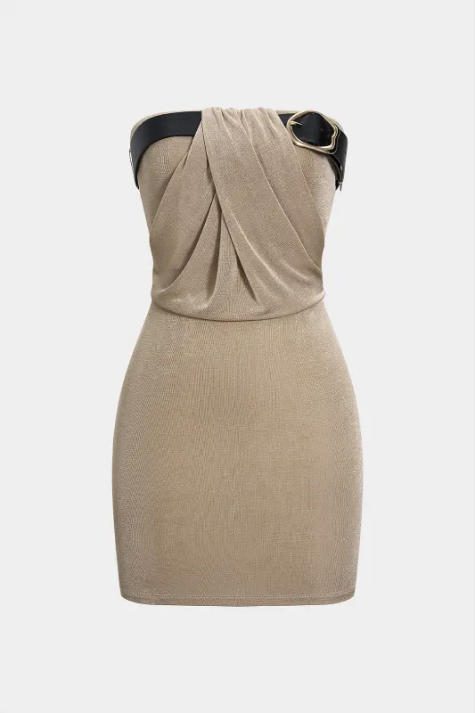 Ruched Belted Strapless Sleeveless Mini Dress sold by Micas