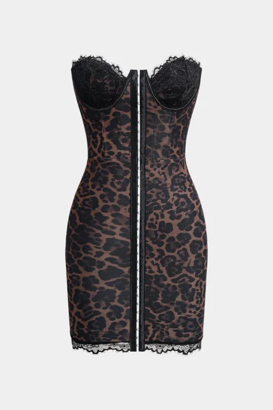 Leopard Print Patchwork Wrap Strapless Sleeveless Mini Dress sold by Micas