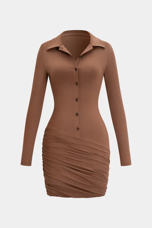 Button Ruched Long Sleeve Mini Dress sold by Micas