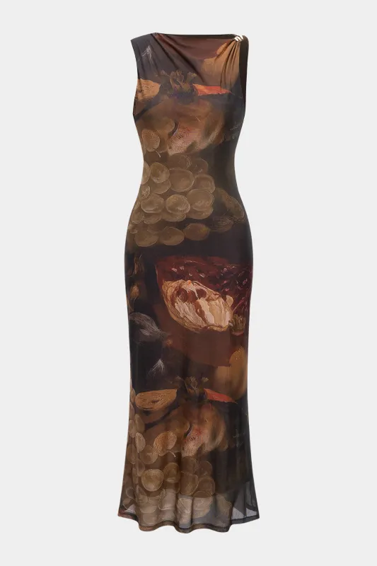 Fruit Print Mesh Metallic Decor Zipper Sleeveless Maxi Dress sold by Micas