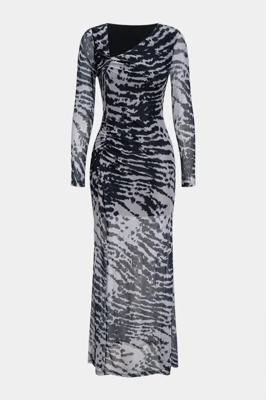 Contrast Print Mesh Ruched Long Sleeve Maxi Dress sold by Micas
