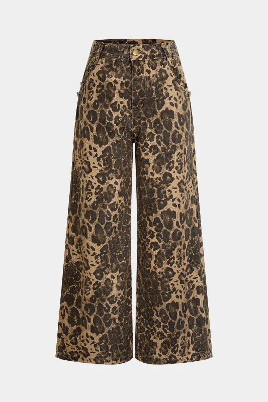 Leopard Print Denim Zipper Wide Leg Trousers sold by Micas