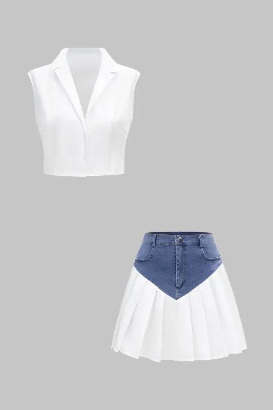 Solid Button Tank Top And Patchwork Ruched Skirt Set sold by Micas