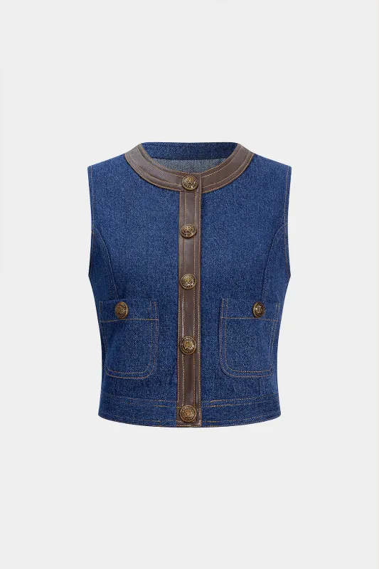 Denim Faux Leather Button Patchwork Pocket Tank Top sold by Micas