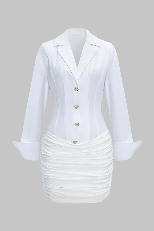 Patchwork Ruched Button Long-Sleeve Mini Dress sold by Micas