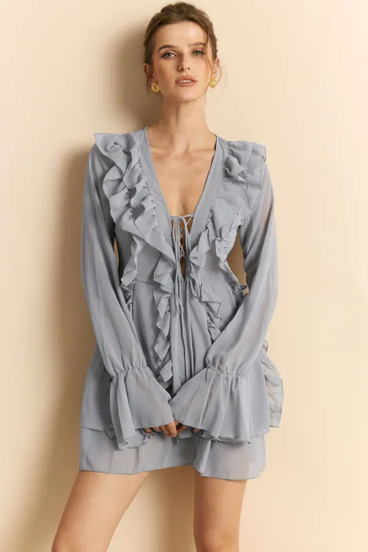 Chiffon Ruffle Tie-Up Bell Sleeve V-Neck Long Sleeve Mini Dress sold by Micas