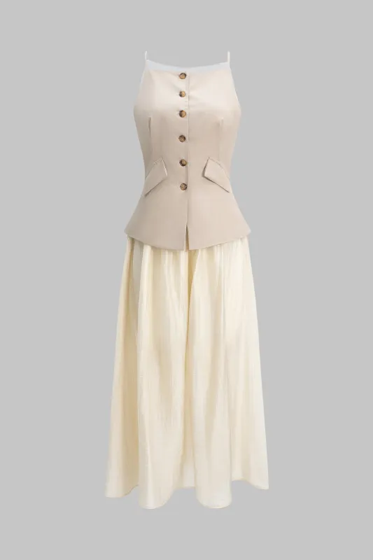 Fake Pocket Patchwork Button Ruched Sleeveless Maxi Dress sold by Micas