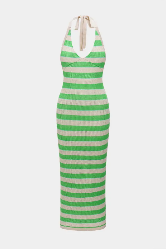 Contrast Knit Halter Neck V-Neck Backless Sleeveless Dress sold by Micas