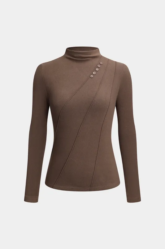 Velvet Button Mock Neck Long-Sleeve Top sold by Micas