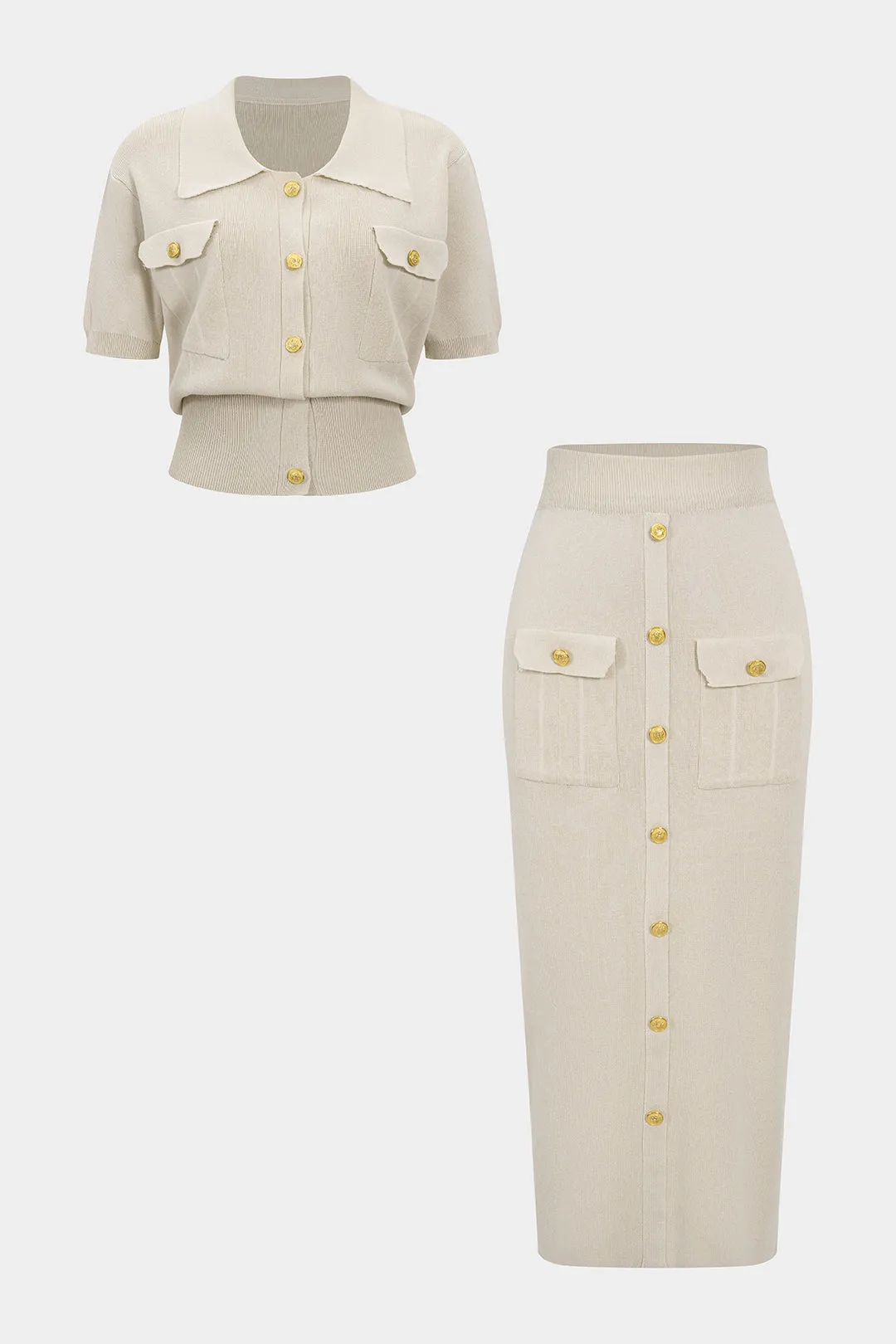 Button Patchwork Pocket Skirt Set sold by Micas